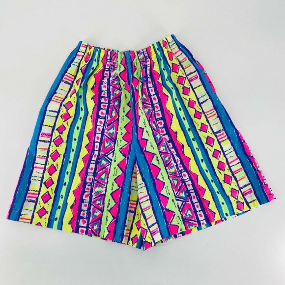 Vintage Size Medium Aztec Neon Shorts with Pockets Elastic Waist Retro 80's 90's